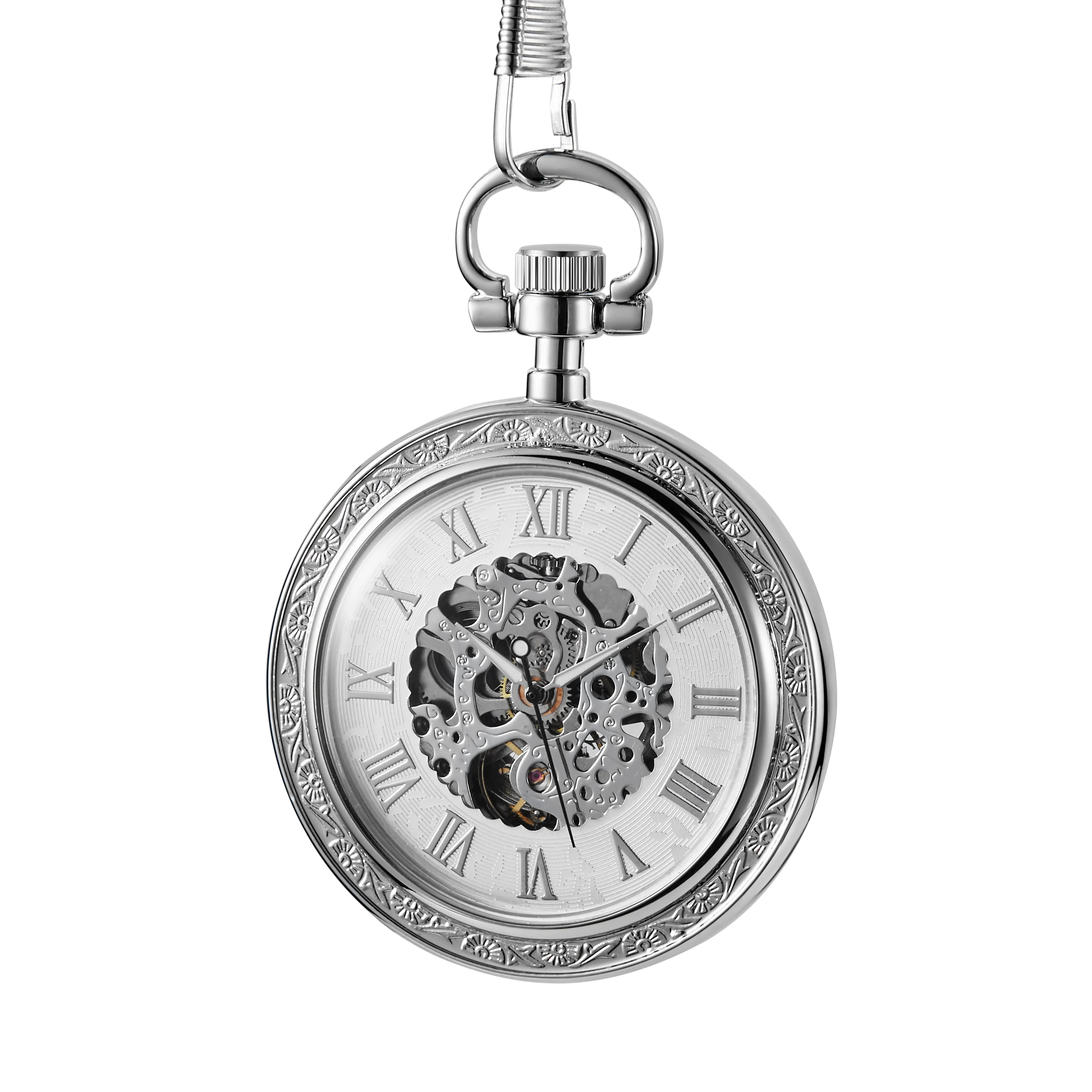 Pocket Watches Fashion Hollow Carved Roman Numerals Mechanical Pockets Watch With FOB Chain Unisex Gift
