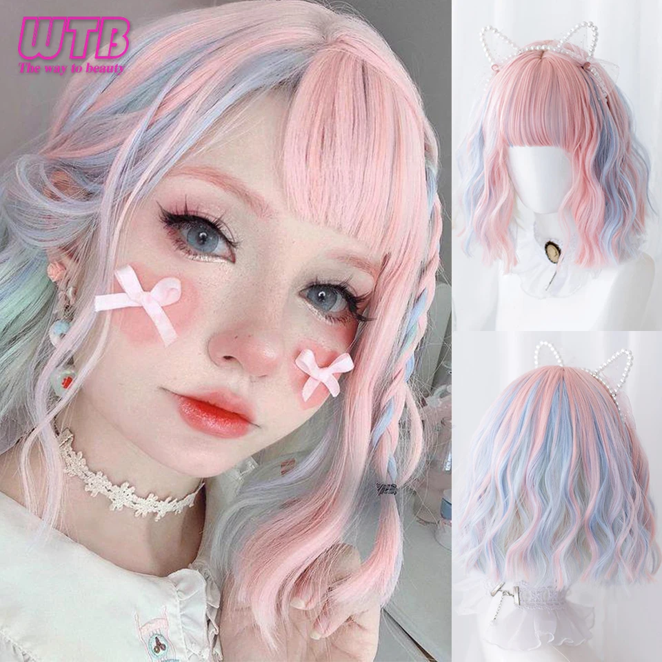 WTB Synthetic Short Water Wave Lolita Wigs for Women Blue Pink Mixed Ombre Wig with Bangs Heat Resistant Cute Cosplay False Hair