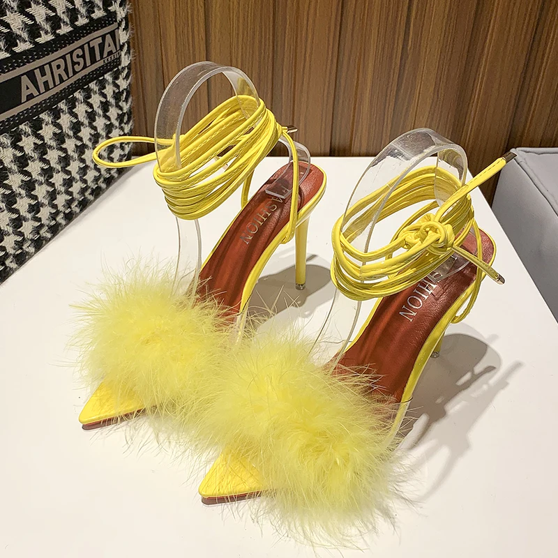 

Summer Woman Fine with Pumps PVC Transparent Feather Perspex Crystal High Heels Fur Peep Toe Mules sandals Ladies Bandage Shoes