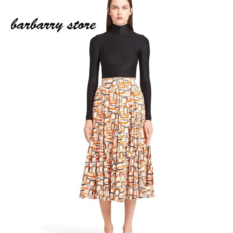 

21 luxury brand geometric printing fashion women's skirt temperament versatile dress high waist slim A-line skirt pleated skirt