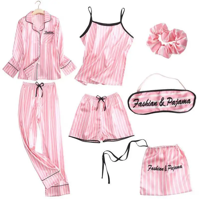 

Imitating silk pajamas women's pajamas shorts camisole fruit striped love ladies home service seven-piece suit
