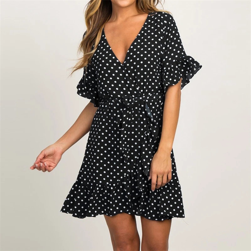 

Summer New Fashion Women Short Sleeve Polka Dot Mini Dress Female Boho Summer Beach Chiffon Sundress Vestidos Clothes Outfits