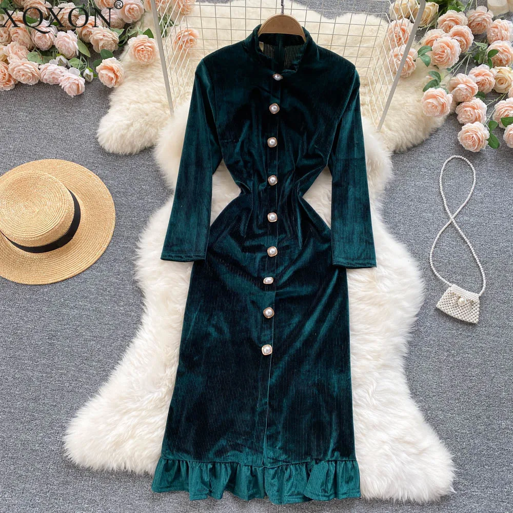 

Retro velvet dress female winter 2021 new temperament stand-up collar single-breasted slim mid-length bottoming dress vestido