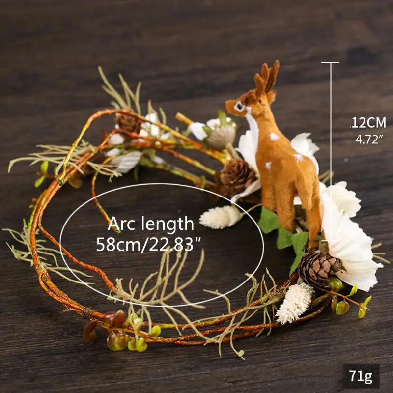 

Forest Style Bridal Crown Headband Tiara Cartoon 3D Deer Fawn Rattan Wreath Simulation Flower Pine Cone Wedding Garland