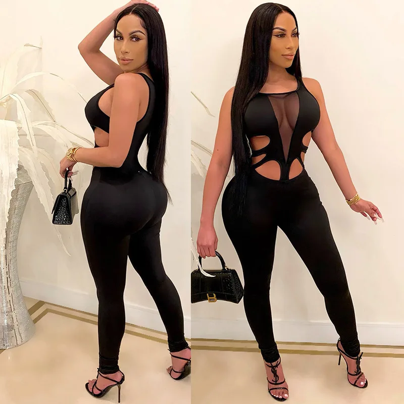 

Mesh stitching high stretch hollow sexy skinny jumpsuit