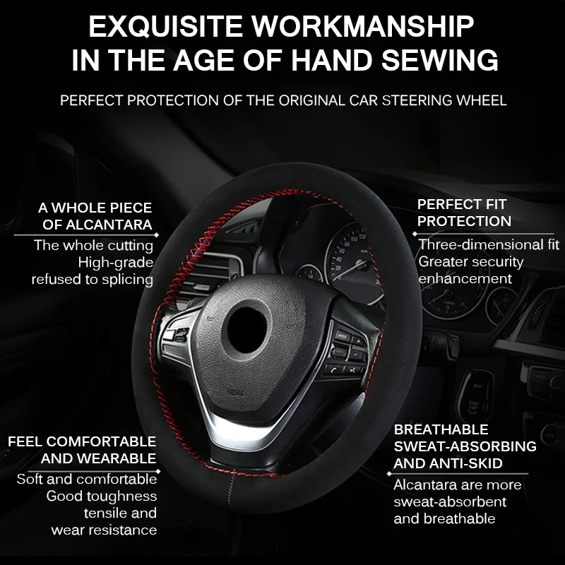 

38 Cm Suede Fiber Car Steering Wheel Cover Anti-Slip Car Steering-Wheel Braid Stitch On Wrap With Needle Thread