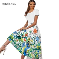 movokaka spring summer white dresses women party elegant slim short sleeves floral print long dress casual vestidos beach dress
