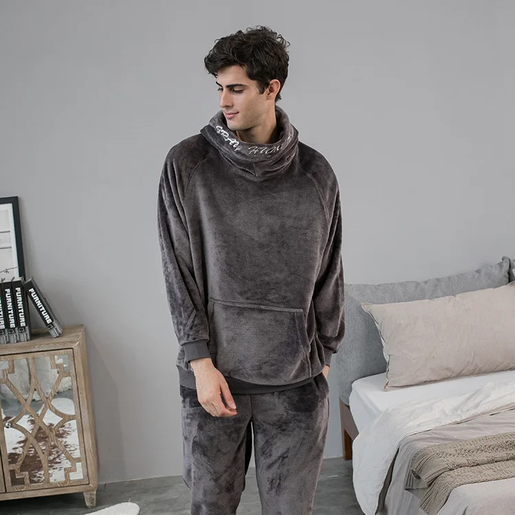 Flannel Sweater Style Warmth Can Go Out Pajamas Men's Winter Hooded Home Service Thick Pajamas and Cashmere Men's Pajamas Set