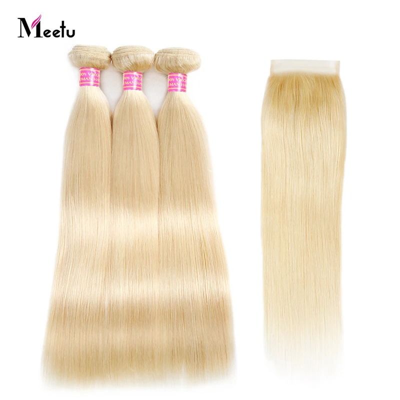 Meetu блонд прямые волосы Связки с закрытием 613 пучки волос Remy бразильские