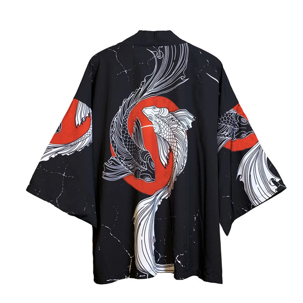 

Ukiyo-e Black Fish Print Samurai Kimono Traditional Costume Men's Japanese Taoist Robe Restaurants Outerwear