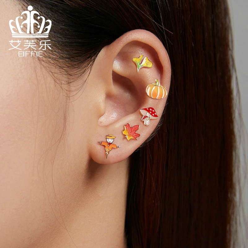

BISAER Antumn Leaves Stud Earrings Real 925 Sterling Silver Scarecrow Yellow Color Earrings For Women Fashion Jewelry ECE1243