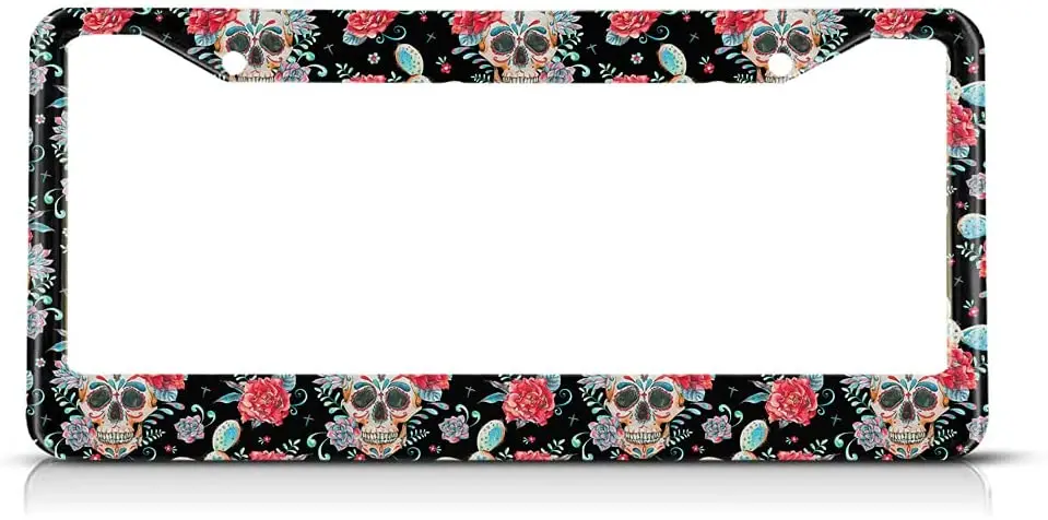 

Рамка для номерного знака Sugar Skull на Хэллоуин День мертвых автомобильных рамок, держатель номерного знака, цветной цветочный номерной знак