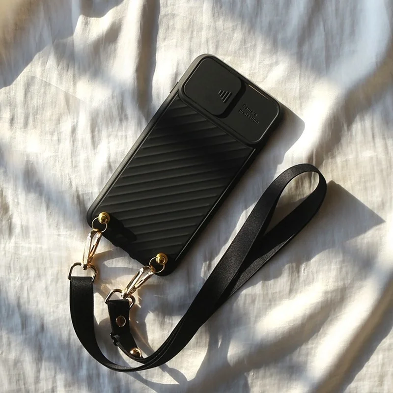 

For iPhone 13 12 Pro Max 11 X XR XS SE2 7 8 Plus Case Slide Camera Protection Crossbody Shoulder Strap Long Lanyard Lens Cover