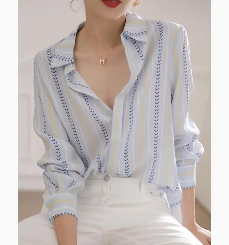 

2021 Spring Autumn New Striped Long-Sleeve Shirt Female Elegant Style Cotton Women Blouses and Tops Fashion
