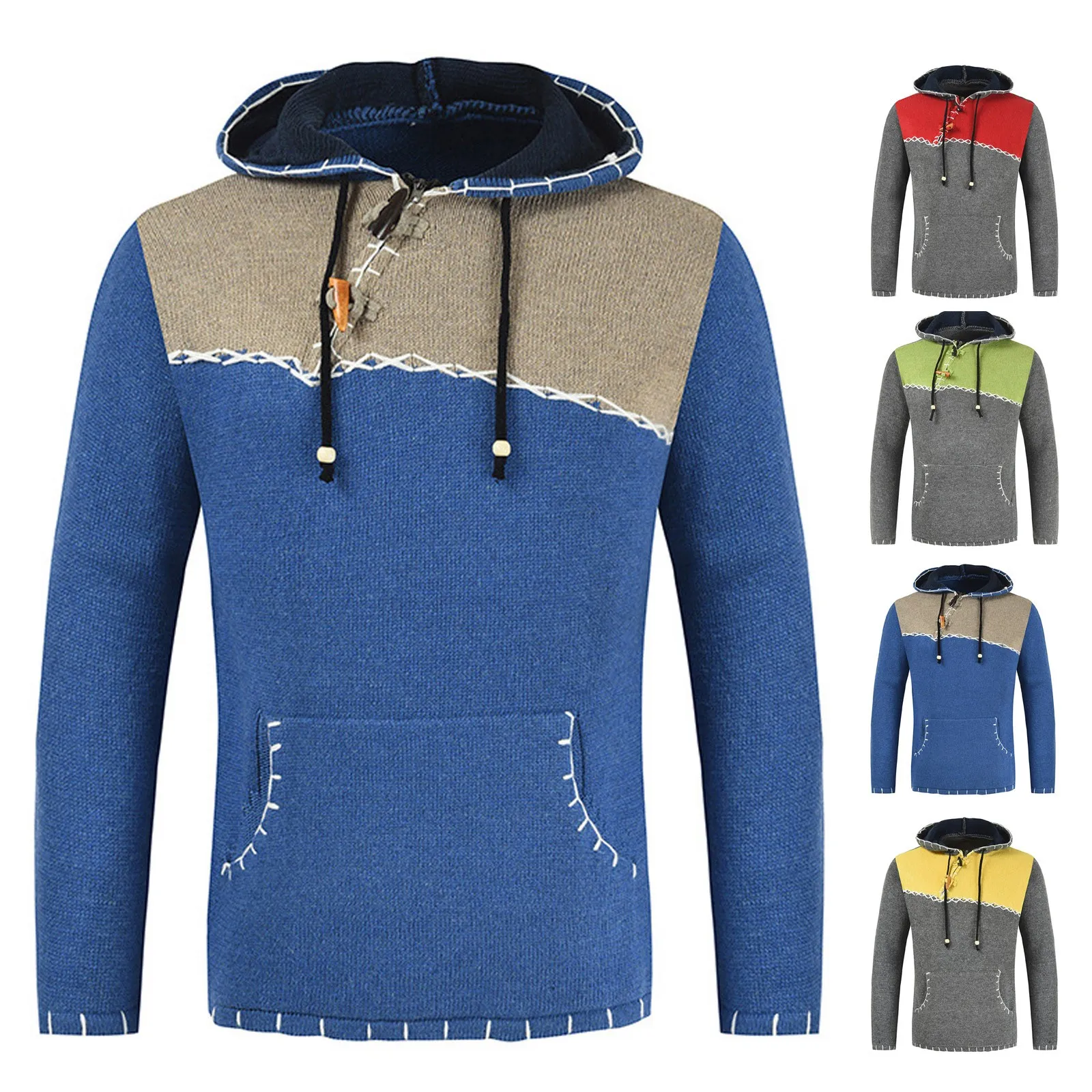 

Men's Color Block Button Pullover Autumn And Winter Casual Hooded Vintage Long Sleeves Knitted Sweater With Pocket Oversize