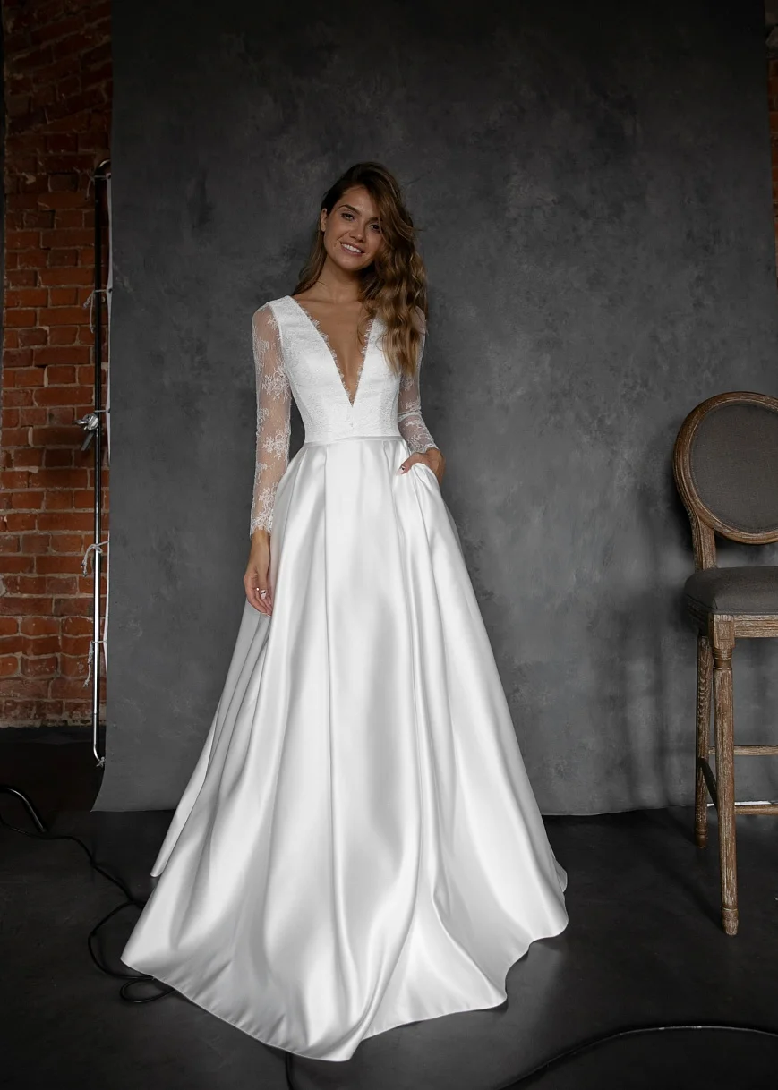 Белые/Свадебные платья цвета слоновой кости с карманом Vestido Noiva Элегантный атласный с длинным рукавом свадебное платье развертки Шлейфы для свадебных платьев