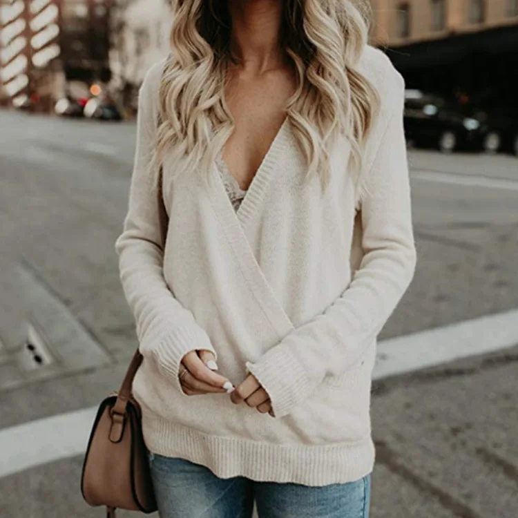 

Donsignet Women's Sweater New Fashion V-neck Pullover Cross Stitching Knitted Long-sleeved Sweater Women's clothing