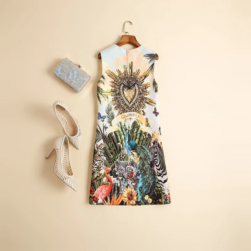 

Designer 2020 Runway Mini Dress Female Sleeveless Animal Flora Print Crystal Beads Summer Dress Ladies Short Vintage Dresses New