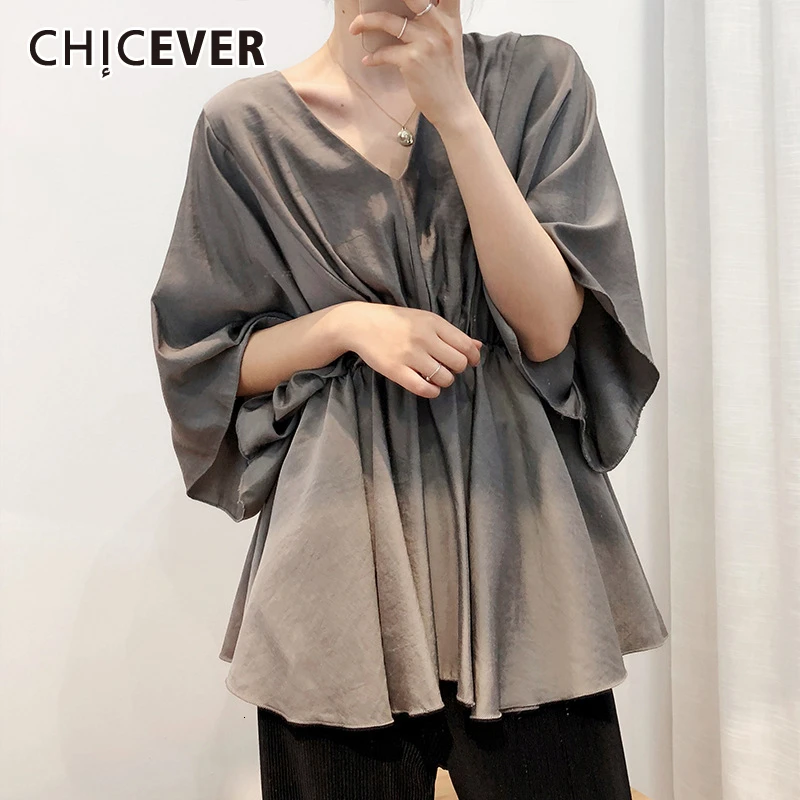 

Женская Повседневная Блузка CHICEVER, Корейская Туника большого размера с v-образным вырезом, рукавами «летучая мышь» и высокой талией, на осень...