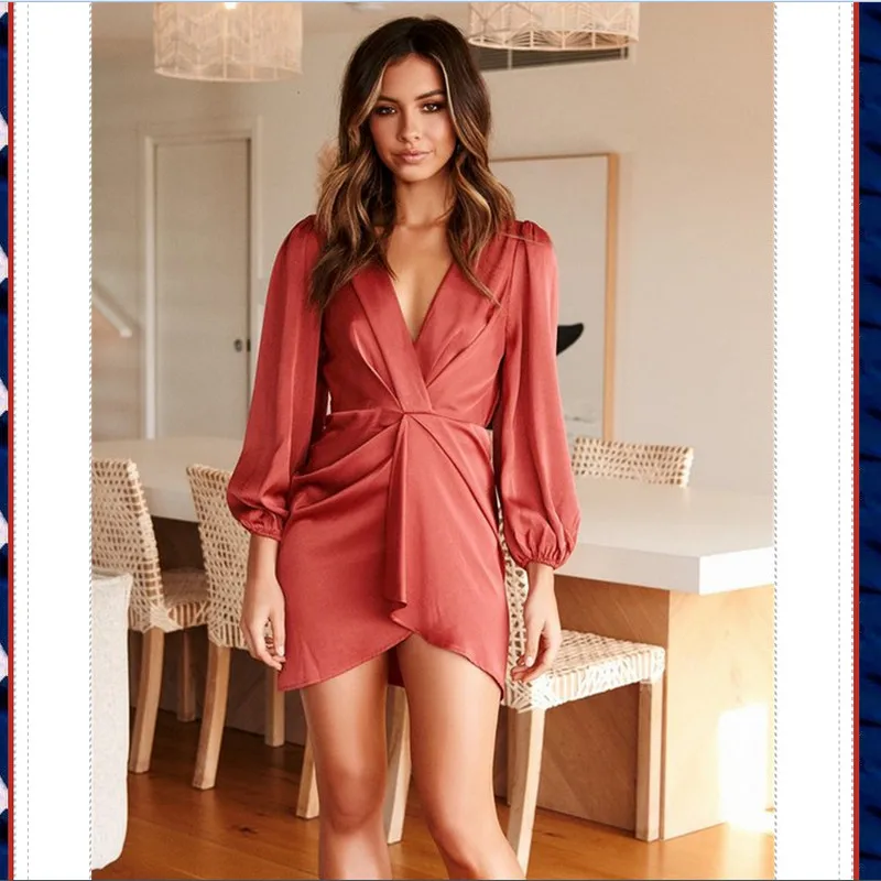 Женское платье с длинным рукавом и глубоким V образным вырезом|Женские платья| |