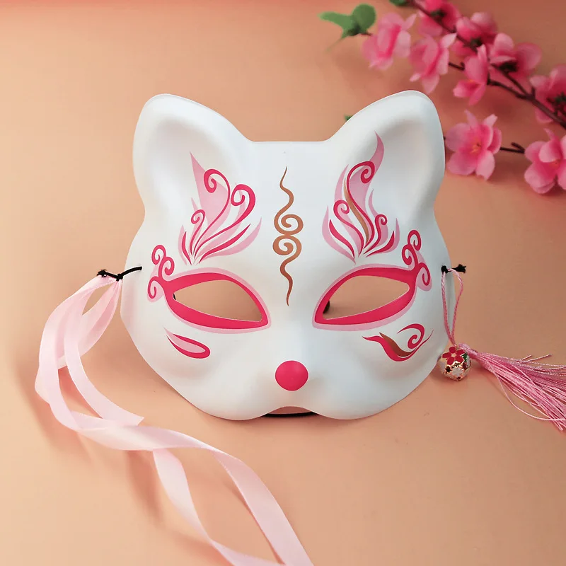 Cherry Blossom Cat Mask Japanese Style Cosplay Costume Party Half Face Masks With Tassels Bell Masquerade Festival Accessories