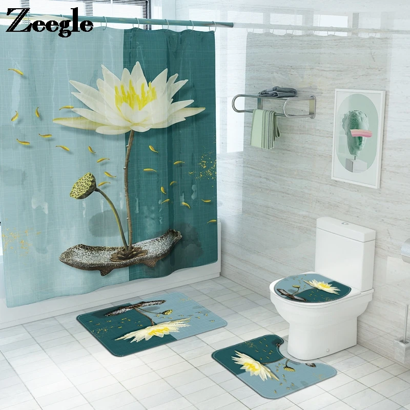

Zeegle Bath Mat and Shower Curtain Set Floral Bathroom Mat Set Microfiber Toilet Floor Mat Absorbent Bathroom Floor Mat