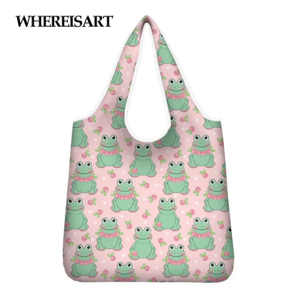 

WHEREISART Printing Frog Foldable Shopping Bag Tote Folding Pouch Handbags Convenient Large-capacity Storage Grocery Bags