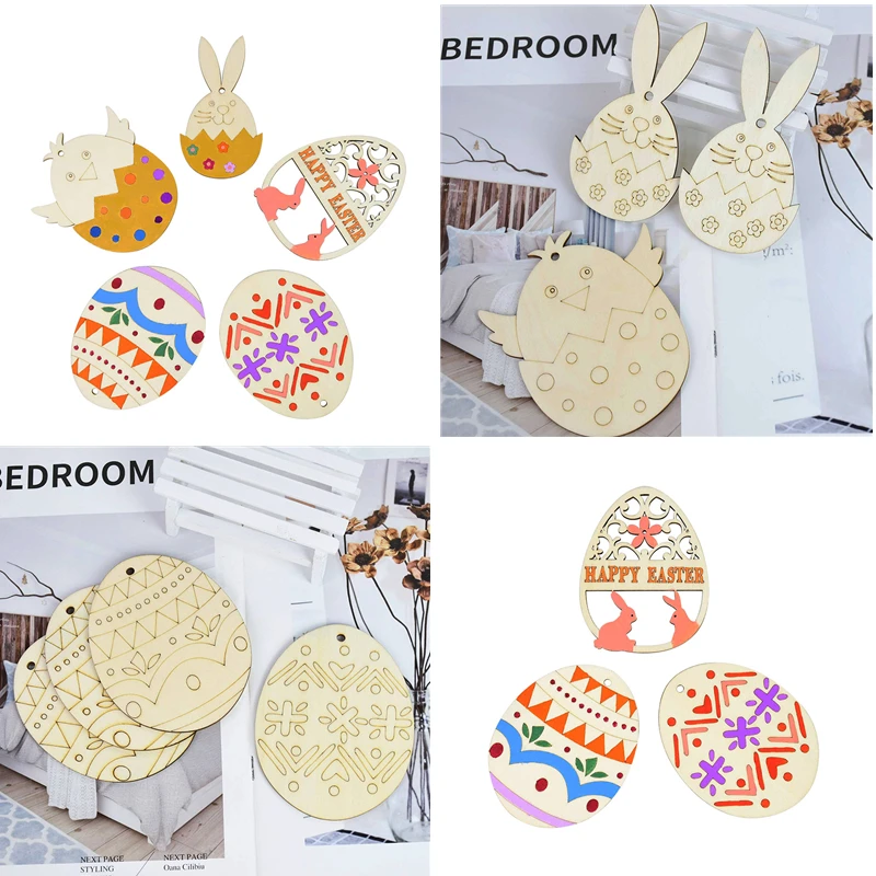 

10Pcs Easter Wood Chips Wooden Slice Egg Pendant DIY Painting Color Easter Egg Embellishments Crafts Gift Decoration Supplies