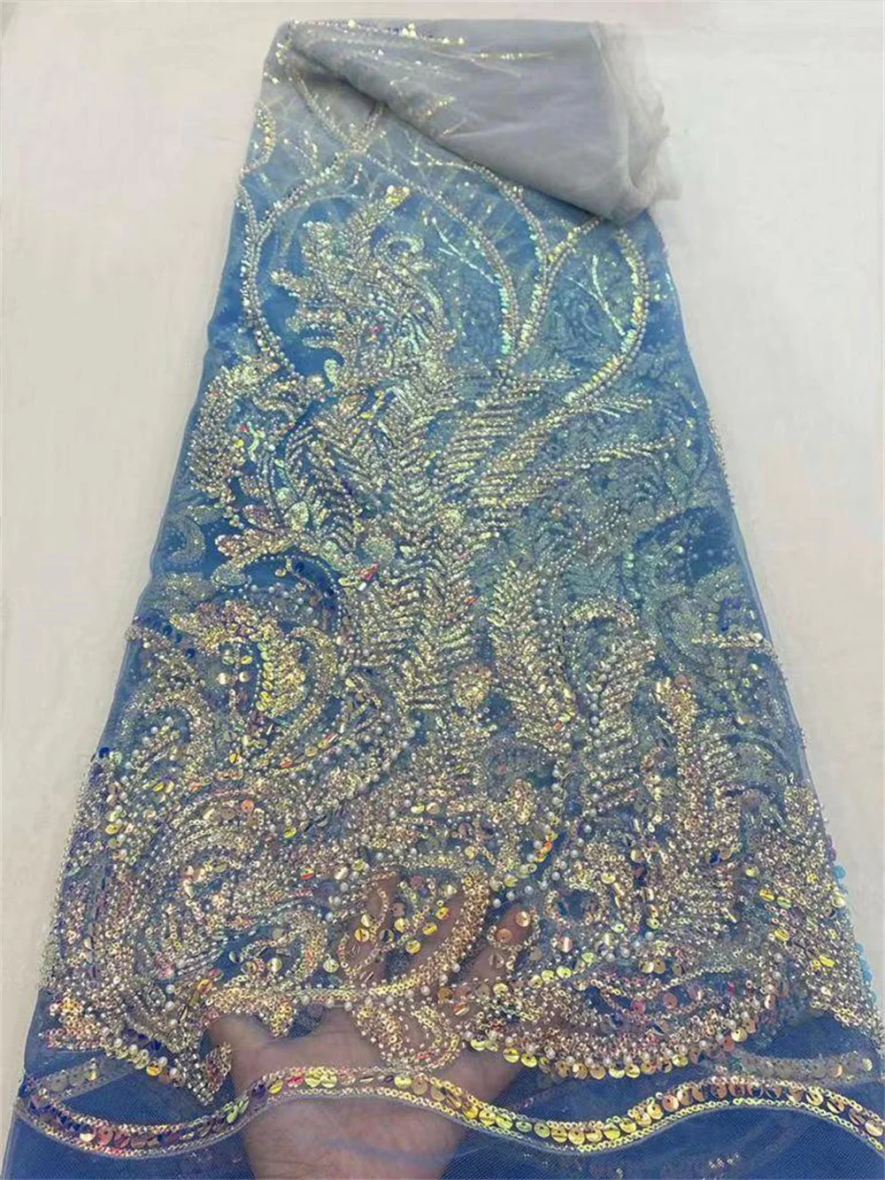 

NI.AI Popular Glitter Beaded French Mesh Tulle Lace Fabric With Beads African Nigeria Fabric For Sewing Evening Dress 4677B