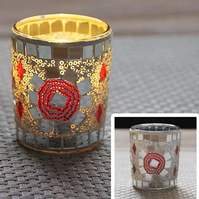 Europe Type Candle Cup Romantic Colored Flower Handcrafted Glass Mosaic Candlestick Wedding Bar Dinner Home Table Decoration images - 6