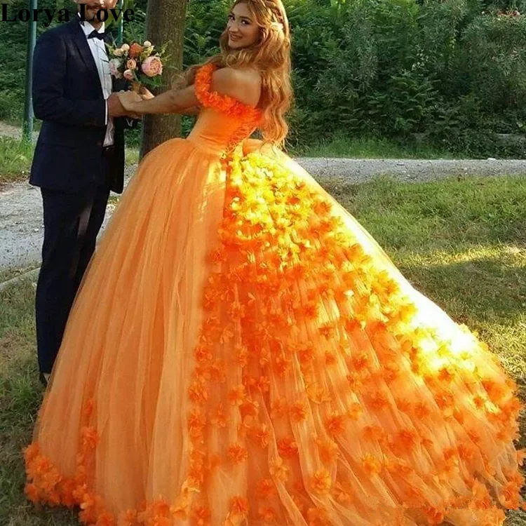 

Orange Quinceanera Dresses 2020 Ball Gown Tulle 15 anos Flowers Fluffy Off The Shoulder Evening Dresses Sweet 16 Long Prom Dress