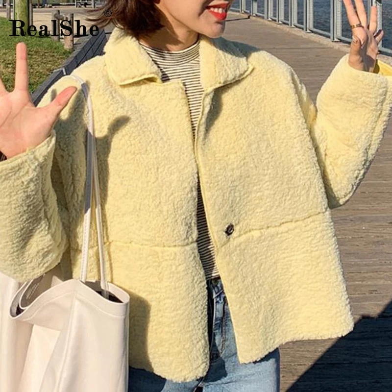 RealShe женская зимняя куртка с отворотом длинный рукав шерсть пальто и куртки для
