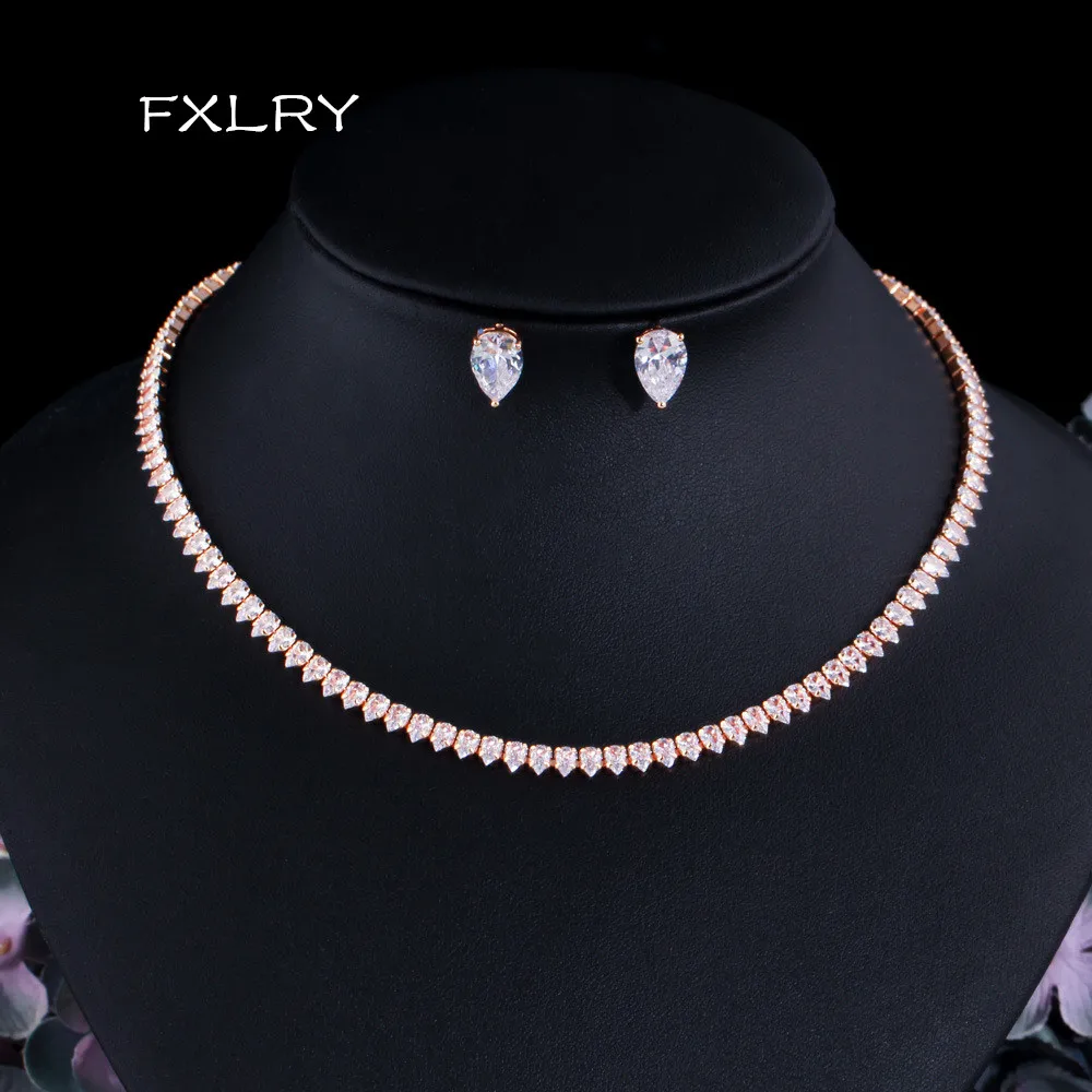 

FXLRY Gorgeous Gold Color AAA Cubic Zirconia Round Wedding Bridal Necklace Earrings For Women Party Jewelry Set
