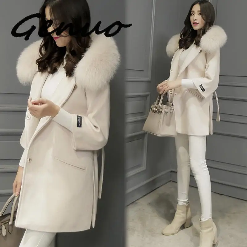 Женское шерстяное пальто с капюшоном из искусственного лисьего меха 2019 | Женская