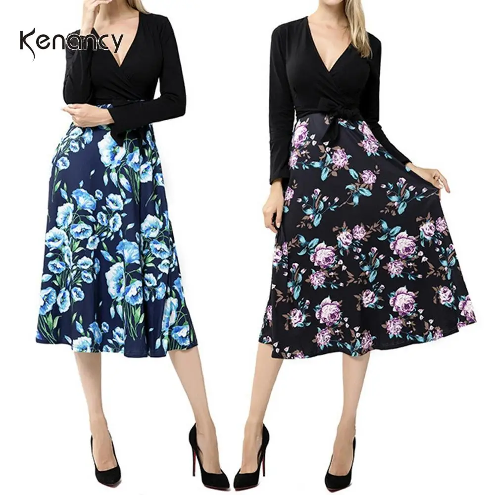 Kenancy цветочный принт женское винтажное платье с v образным вырезом длинным