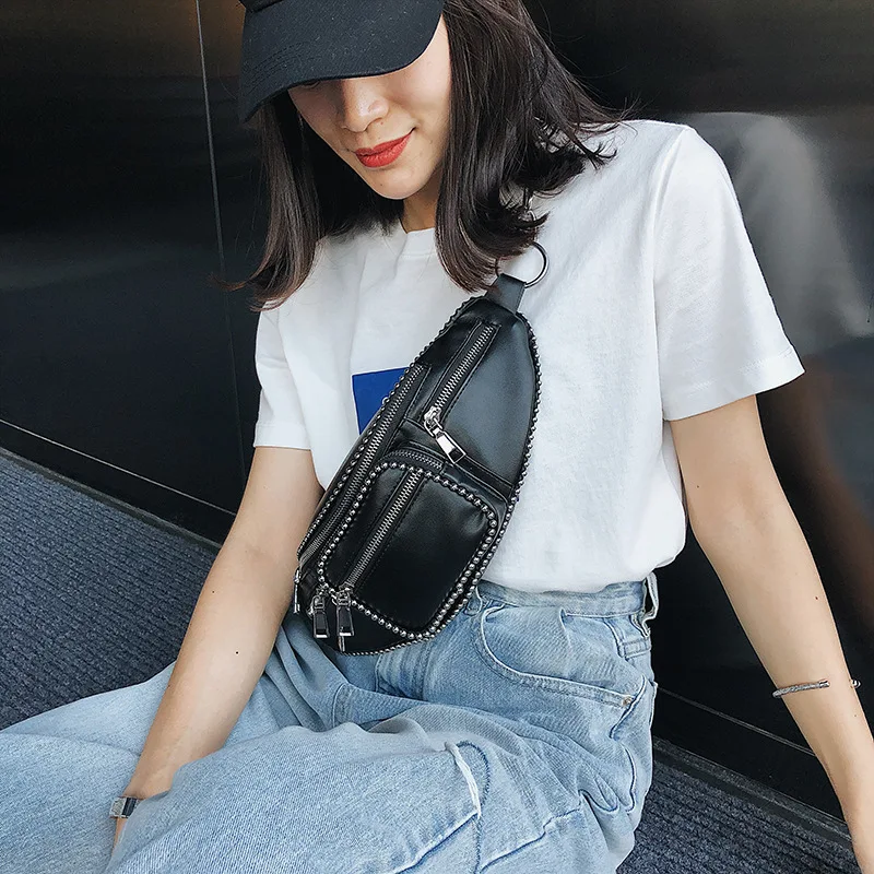 Женская поясная сумка с заклепками HATCYGG черная забавная через плечо цепочкой в