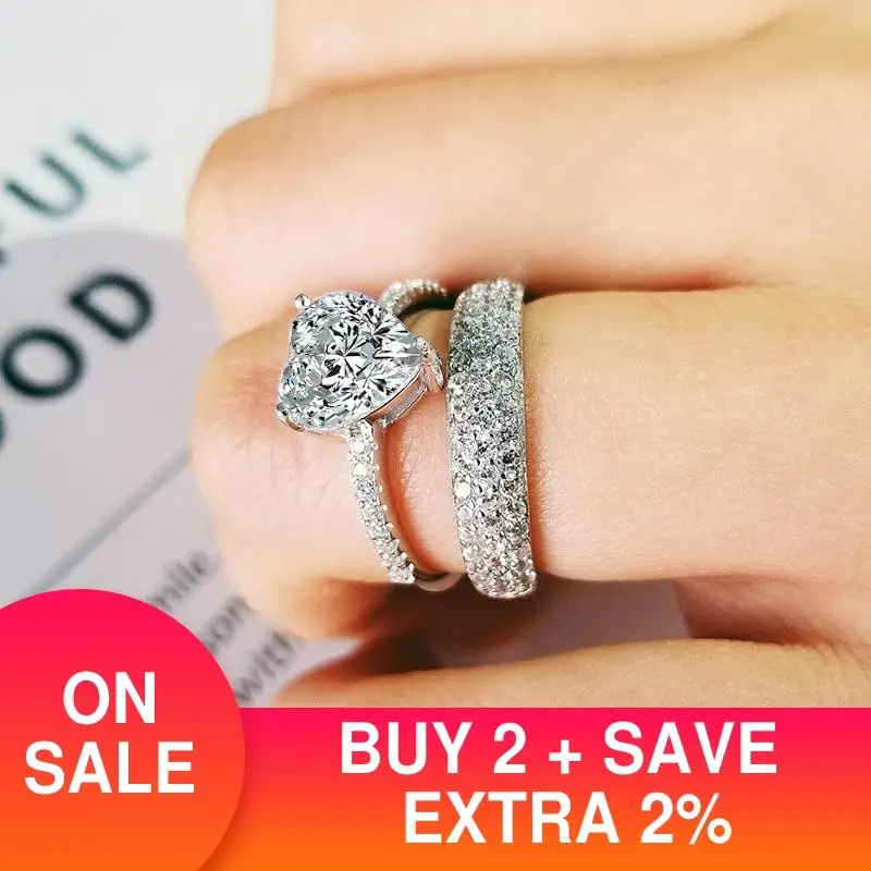 

best selling luxury heart original 925 sterling silver wedding ring set for women lady anniversary gift jewelry wholesale R5161S