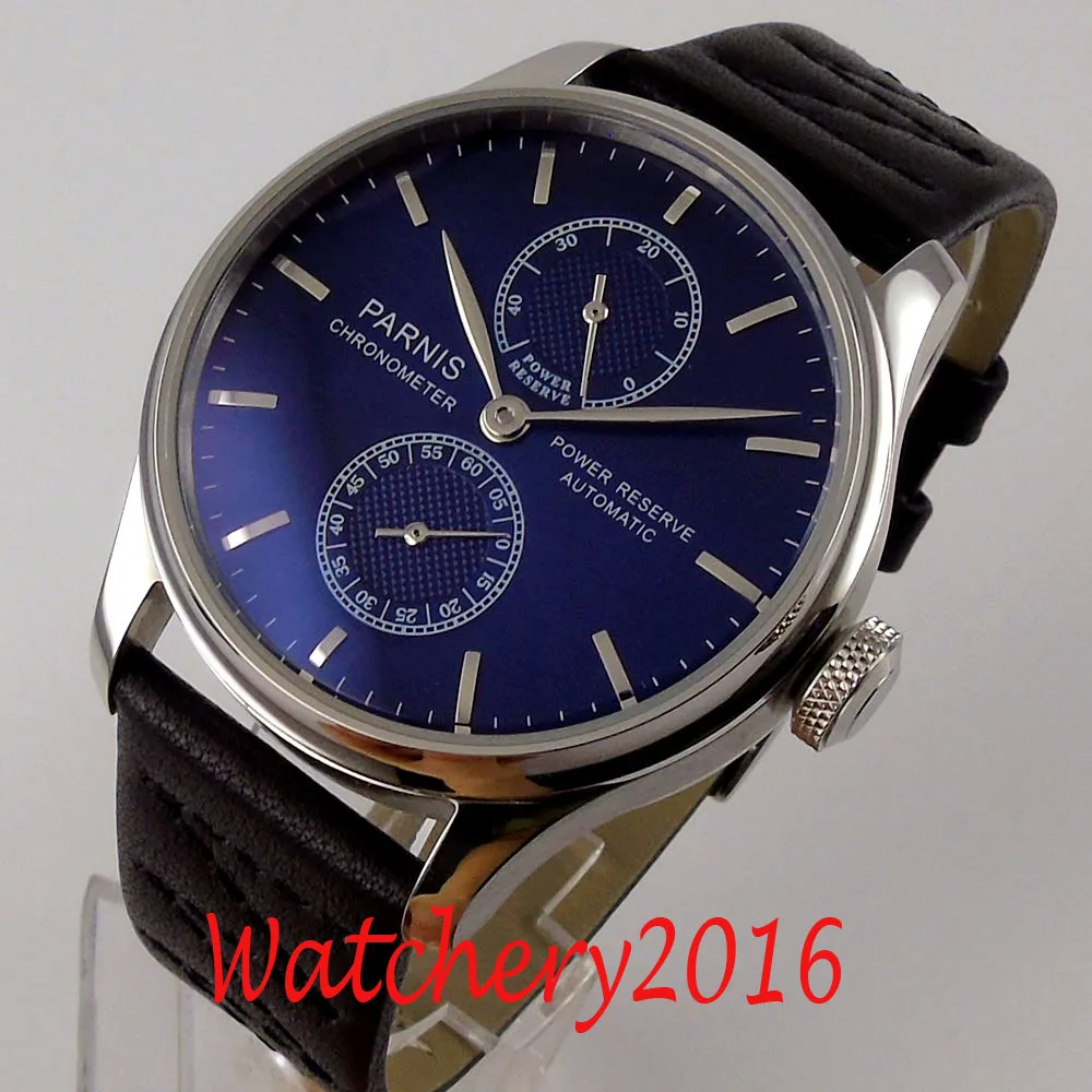 

43mm parnis Black dial power reserve Silver marks ST Automatic movement mens watch