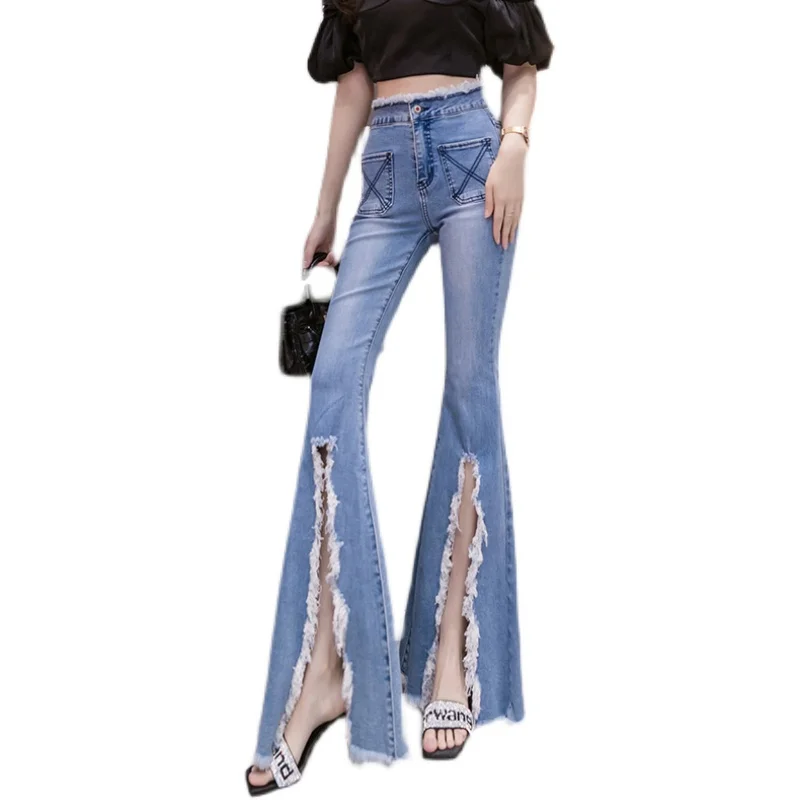 

Womens Demin Pants High Waist Loose Jeans Pant Women Buttons Pockets Femme Slim Chic Flared Split Denim Pants Pantalones Mujer