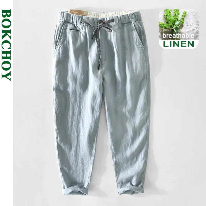 Spring Summer New Men Pure Linen Cargo Trousers Casual Thin Mid Waist Drawstring Breathable Hemp Loose Pants GA-Z354