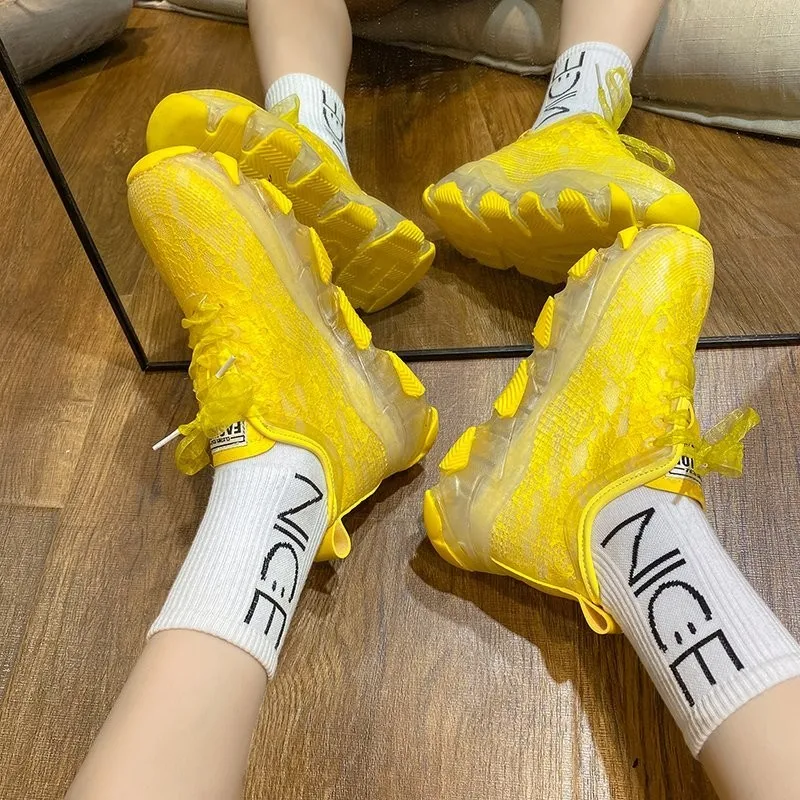 

2021 Summer New Daddy Shoes Women's Fashion Jelly Color Fashion Lace Thick Soled Breathable Comfortable Mesh Casual Sports Shoes