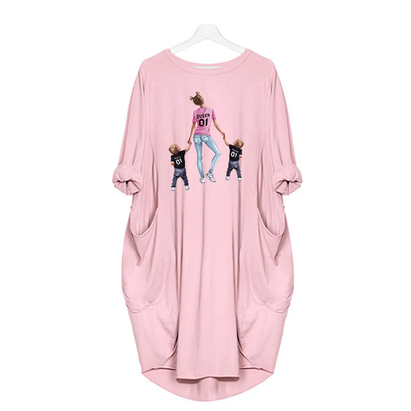 Платье женское средней длины с длинным рукавом круглым вырезом и карманами |