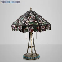 bochsbc stained glass blue orchid red cherry tiffany styel lampshade desk lamp alloy tree jade frame home decortive table lights