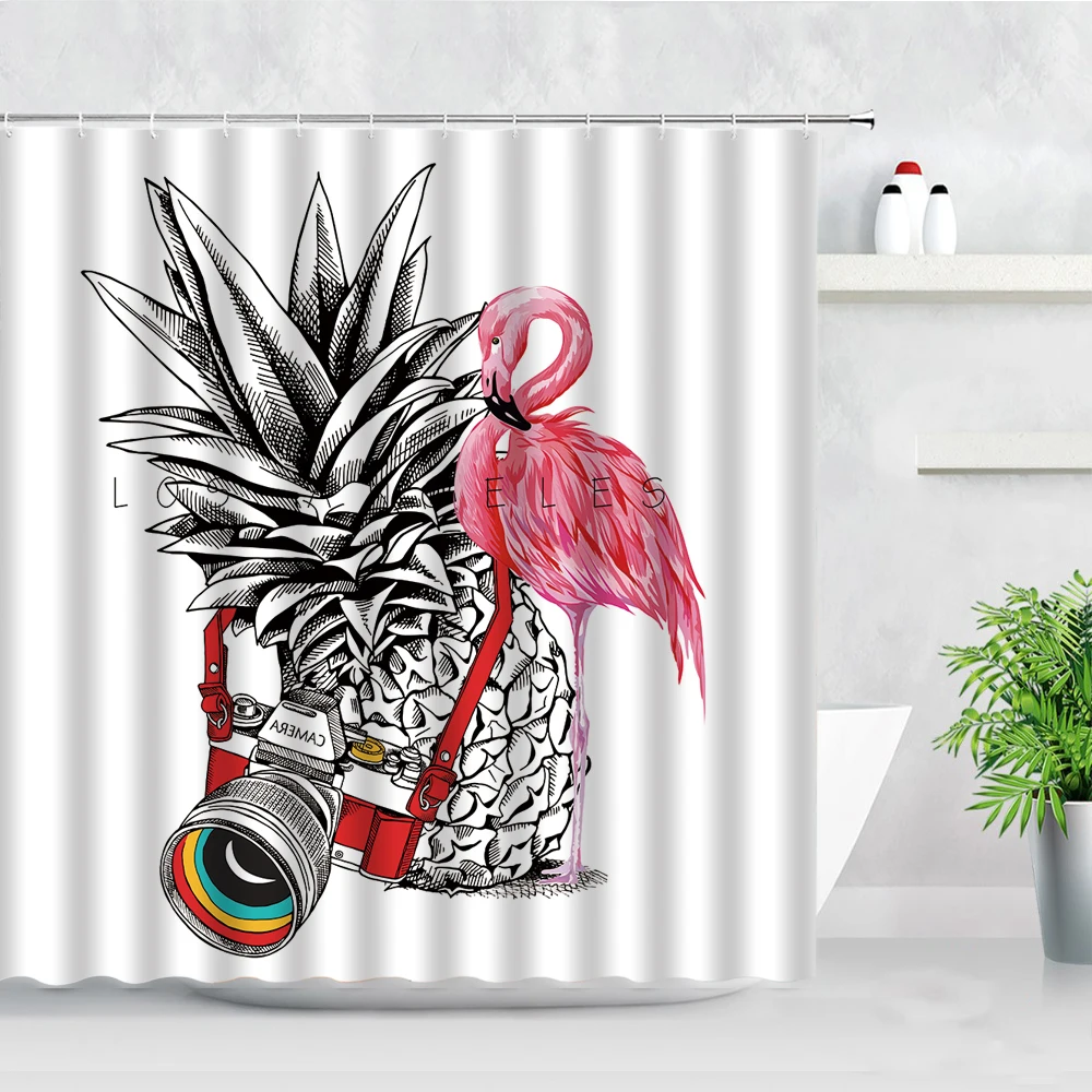 

Tropical Fruit Shower Curtain Set Pineapple Flamingo Print Creative Art Home Decor Waterproof Polyester Fabric Bathroom Curtains
