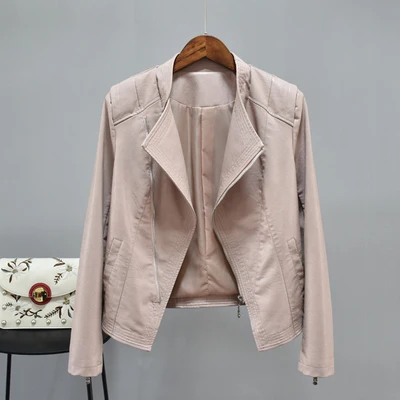 Pink Новое поступление осень, короткая женская куртка из искусственной кожи, 4XL, приталенные куртки с отложным воротником, модная Универсальная Женская куртка - Color: Pink