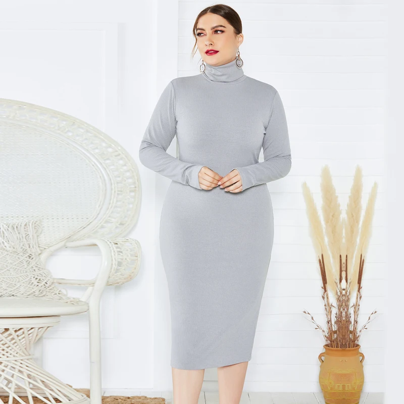 Laughido плюс размер эластичное вязаное платье Женская водолазка Vestidos тонкий