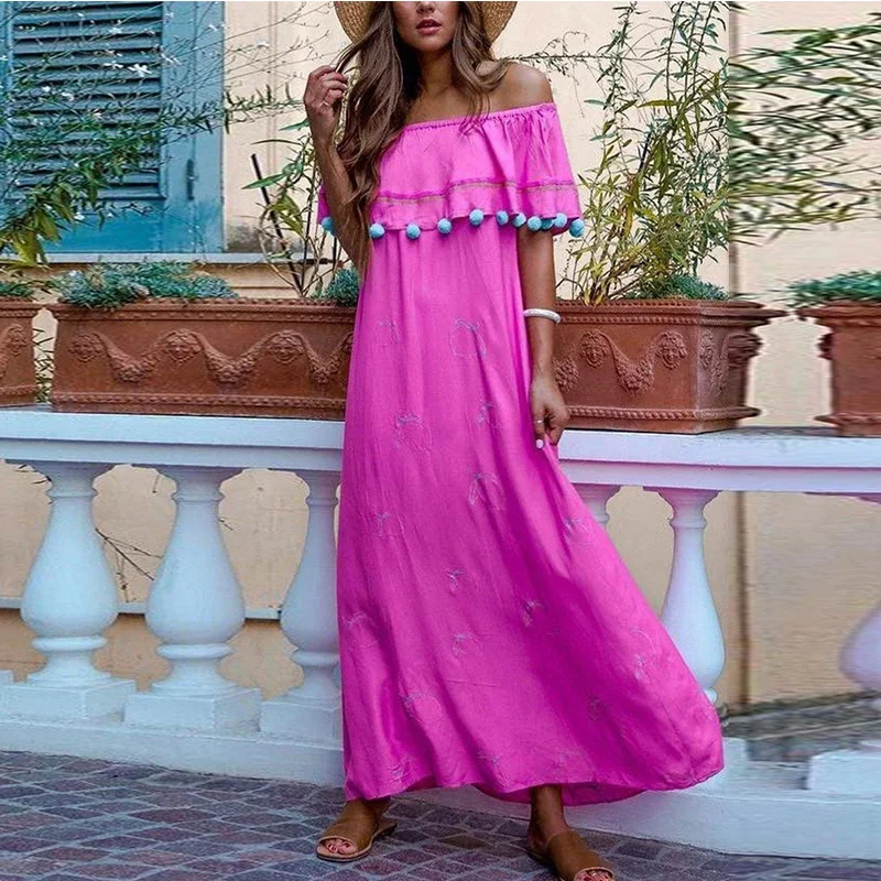 

2021 Spring and Summer Fashion Elegant Solid Color Ruffled Stitching Women Maxi Dress Beach & Holiday Dress