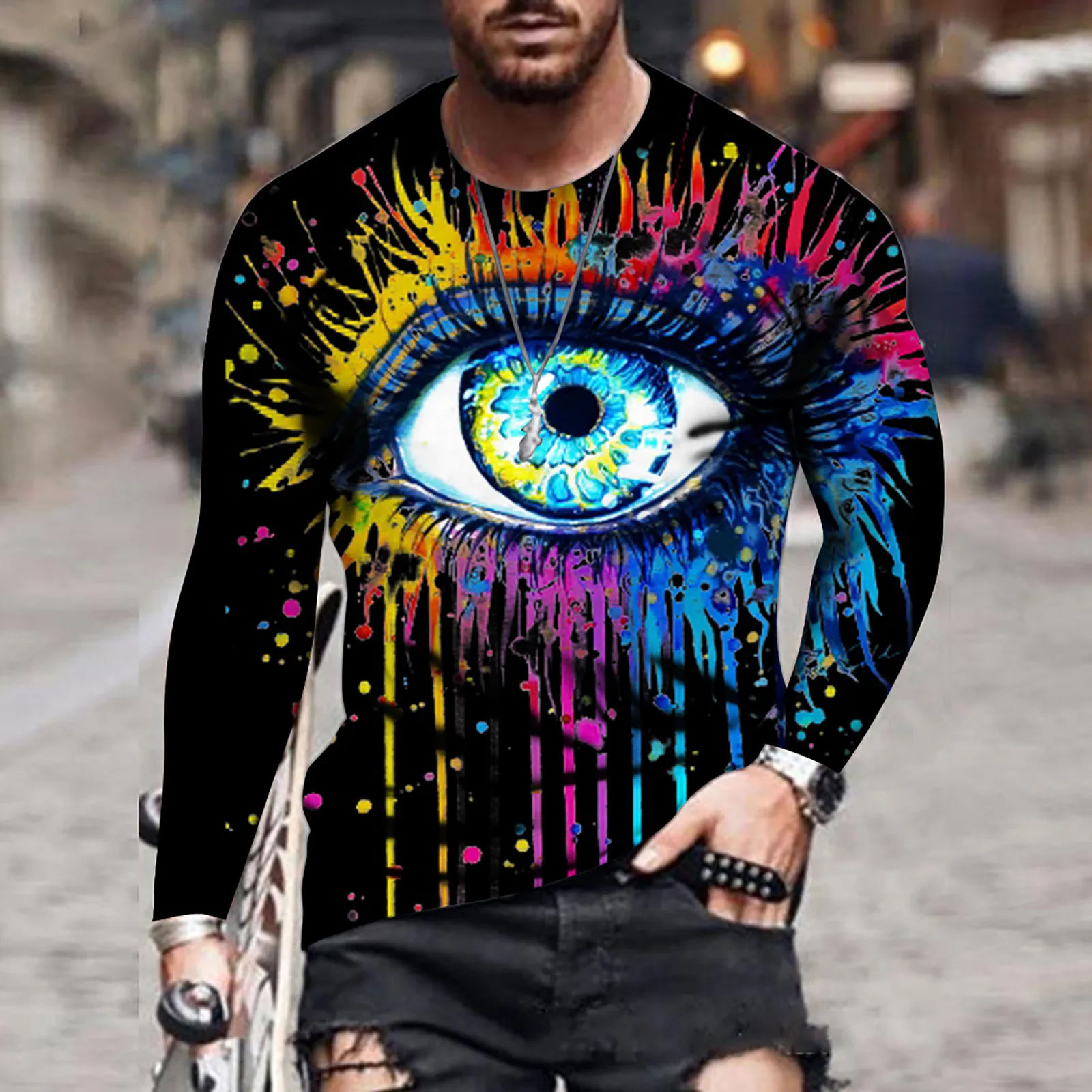 

2021 Fall Long Sleeve T-shirt Men's Loose Round Neck 3d Printing Slim Long Sleeve T-shirt Tops Street Trend Men's Clothing