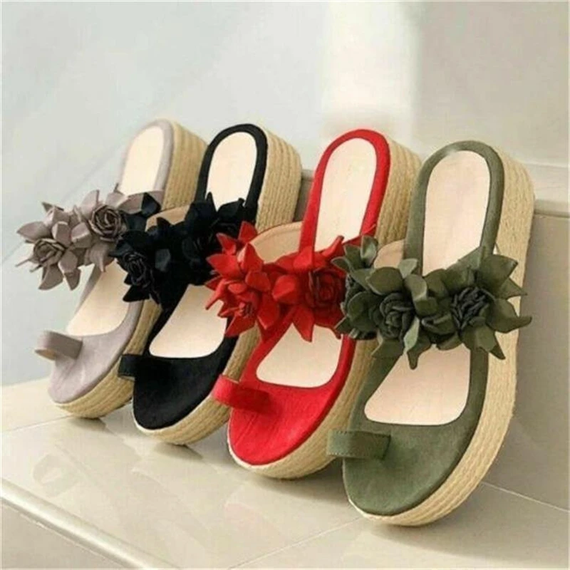 

Women's Sandals Retro Flower Designe Flip-Flops Female Summer Clip Toe Flat Shoes Ladies Outside Wear Casual Slippers Red 43
