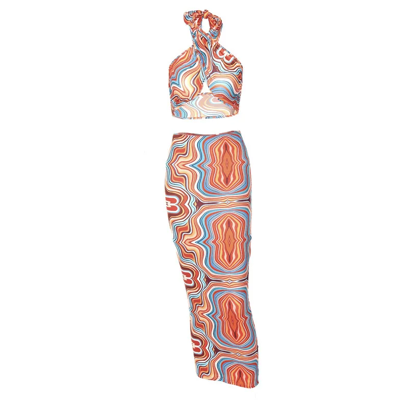 

Summer Sleeveless Vest And Skirt Set Women 2021 Fashion Print Sexy Beach Hollow Out Crop Top Split Skirts Two Piece Suit Y2K